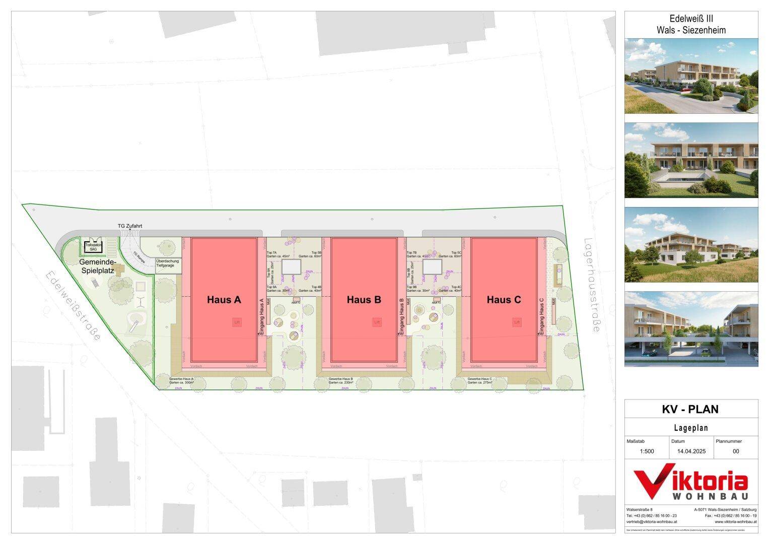 Lageplan des Projekts Edelweiß III mit drei Gebäuden, Grünflächen und einem Gemeinschaftsspielplatz.