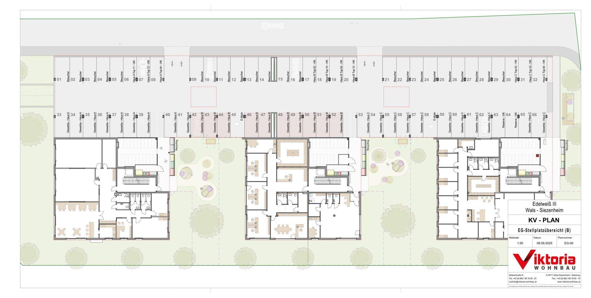Grundrissplan des Erdgeschosses der Häuser A, B und C mit Wohnungen und einer langen Reihe von Außenstellplätzen.