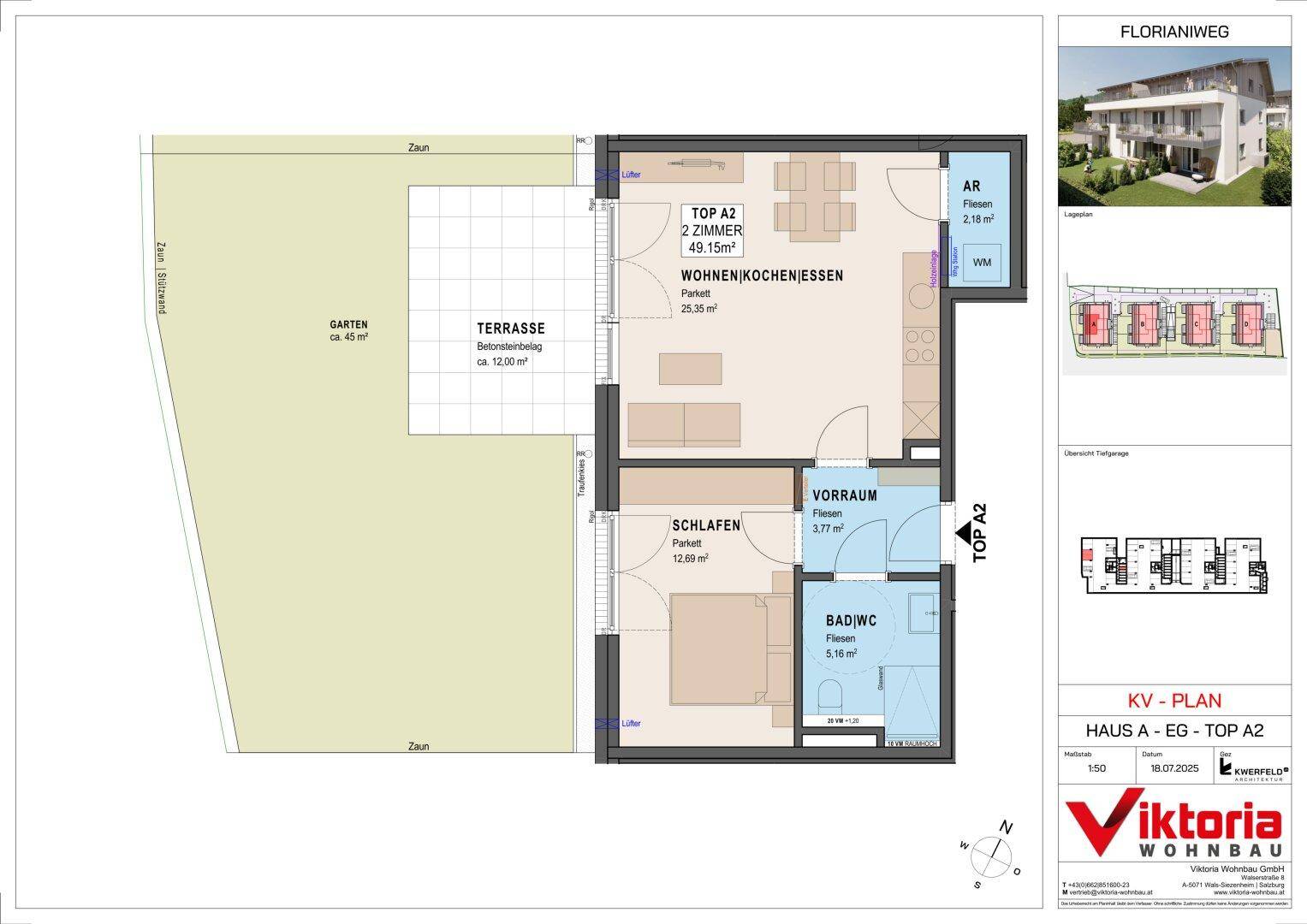 Grundriss einer modernen 2-Zimmer-Wohnung mit offener Küche, Terrasse und Gartenbereich.