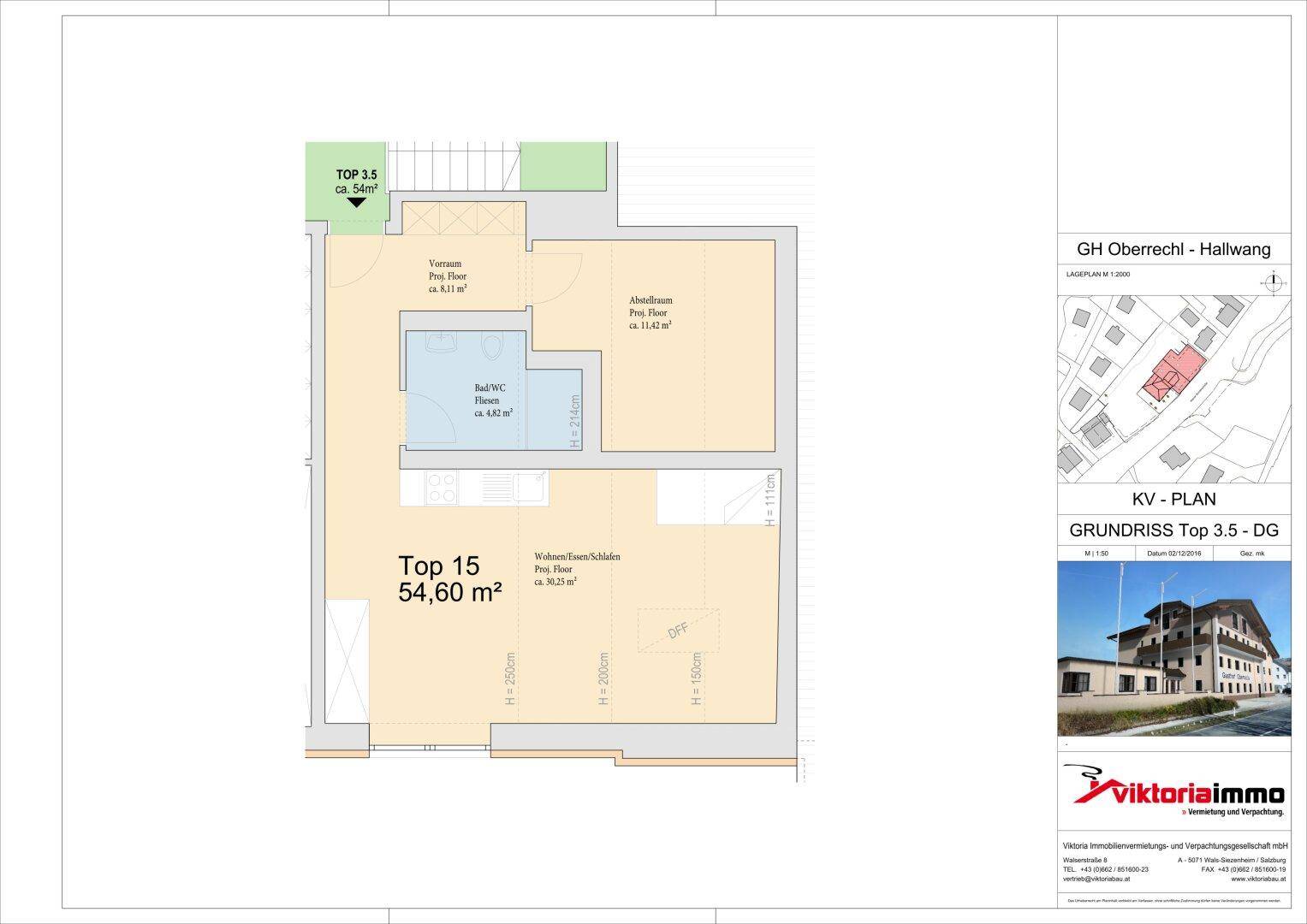 Grundriss für Top 15 mit 54,60 m² Wohnfläche und Bad/WC.