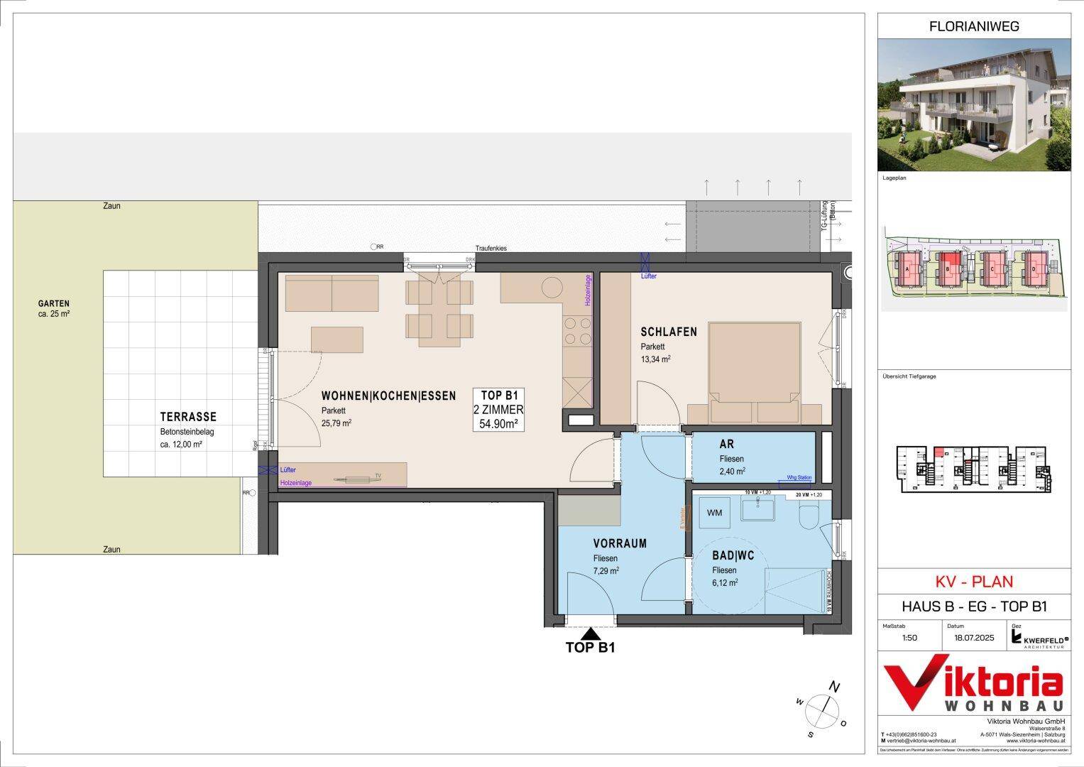 Grundriss einer 2-Zimmer-Wohnung mit offenem Wohnbereich, Terrasse und Gartenanteil.