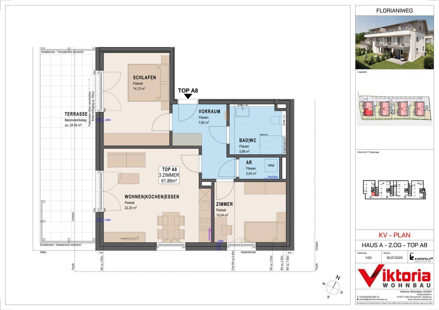 Detaillierter Grundriss einer 3-Zimmer-Wohnung mit offener Wohnküche und großer Terrasse.