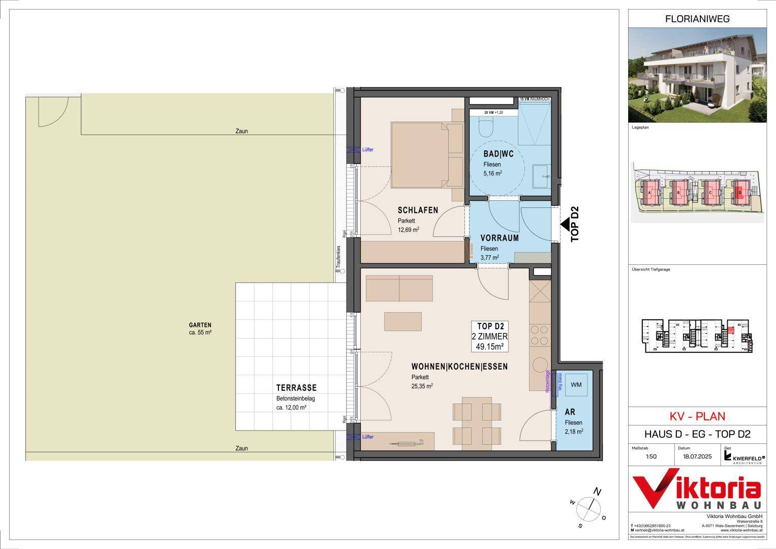 Grundriss einer Erdgeschosswohnung mit offenem Wohnbereich, Schlafzimmer, Bad, Terrasse und Garten.