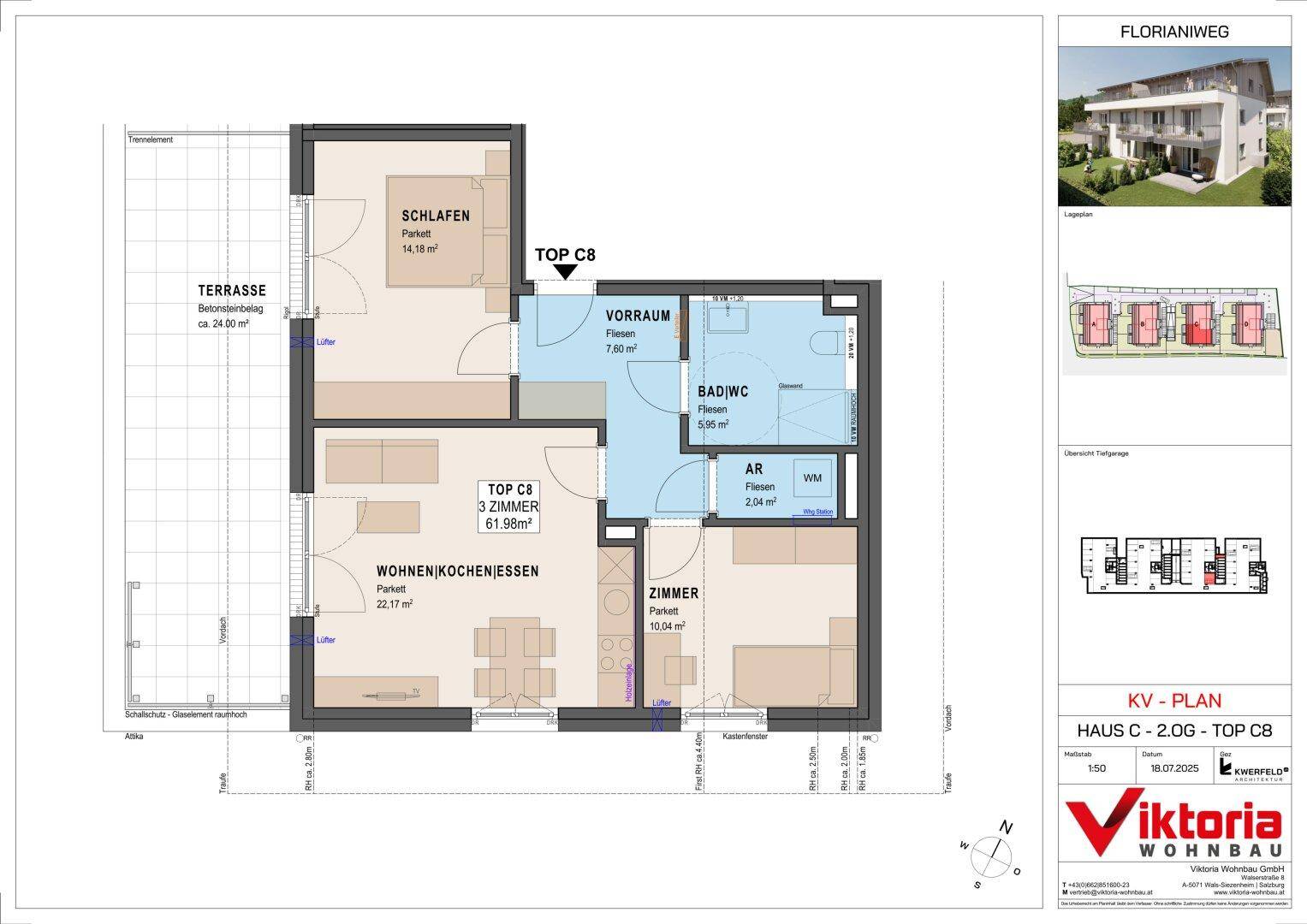 Grundriss der Wohnung TOP C8 mit offenem Wohn-Koch-Essbereich, Schlafzimmer und Terrasse.