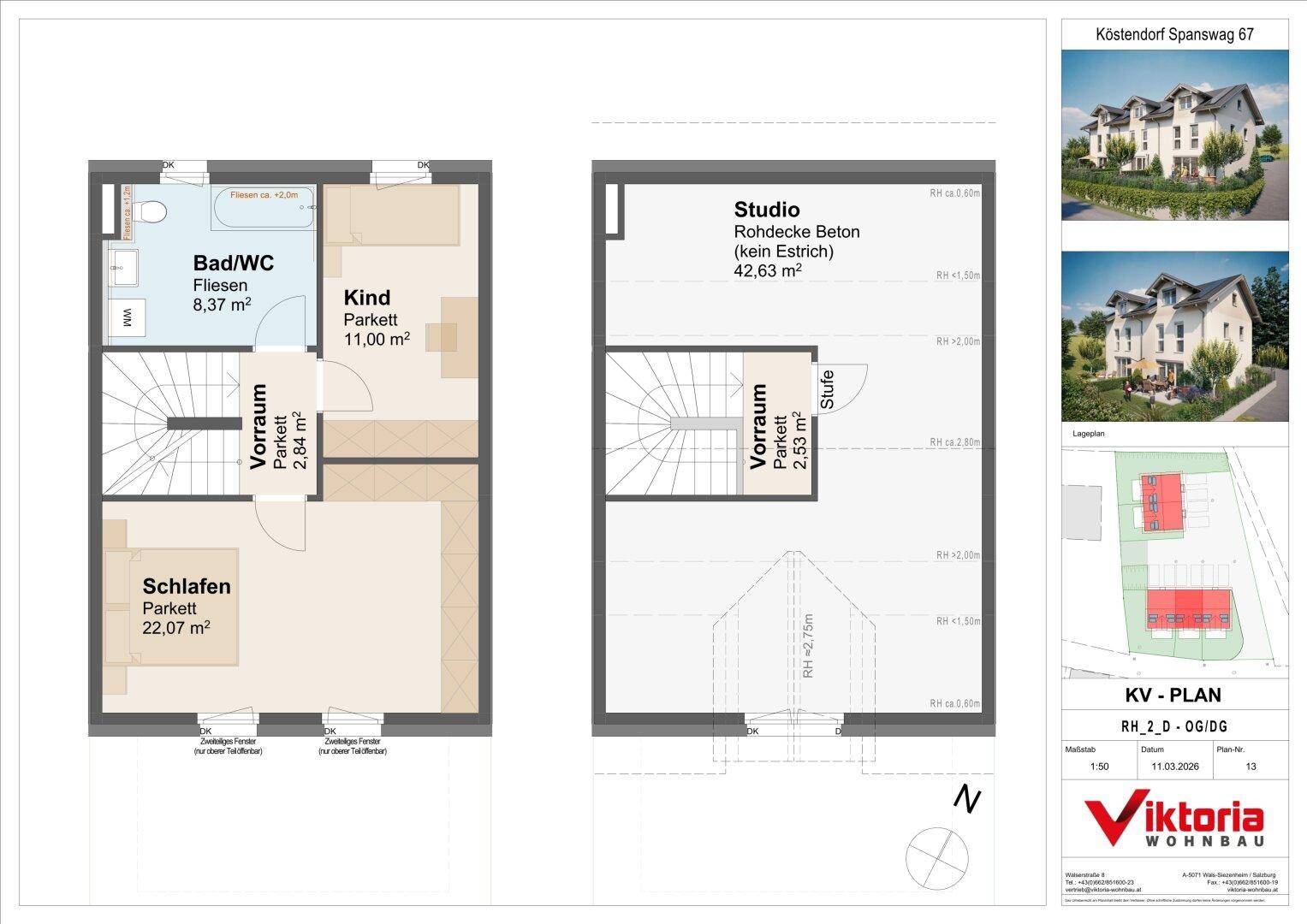 Grundriss des Ober- und Dachgeschosses von Reihenhaus 2 mit Schlafzimmer, Kinderzimmer und Studiobereich.