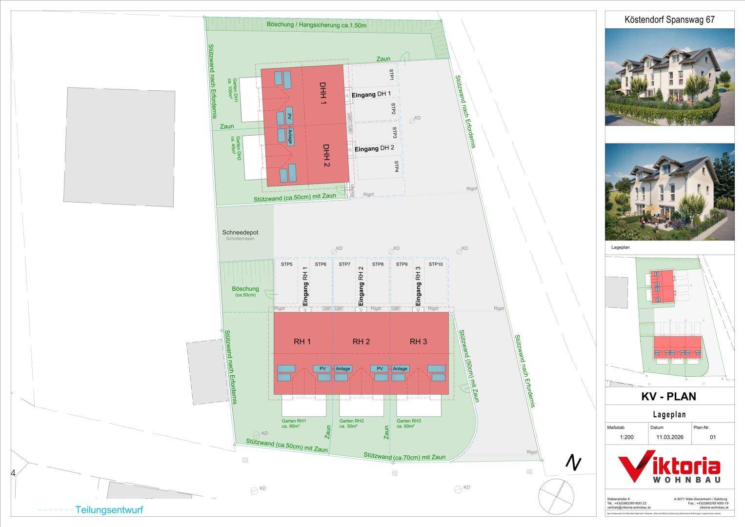 Lageplan mit Doppelhaushälften und Reihenhäusern, inklusive Grundstücksgrenzen und Grünflächen.