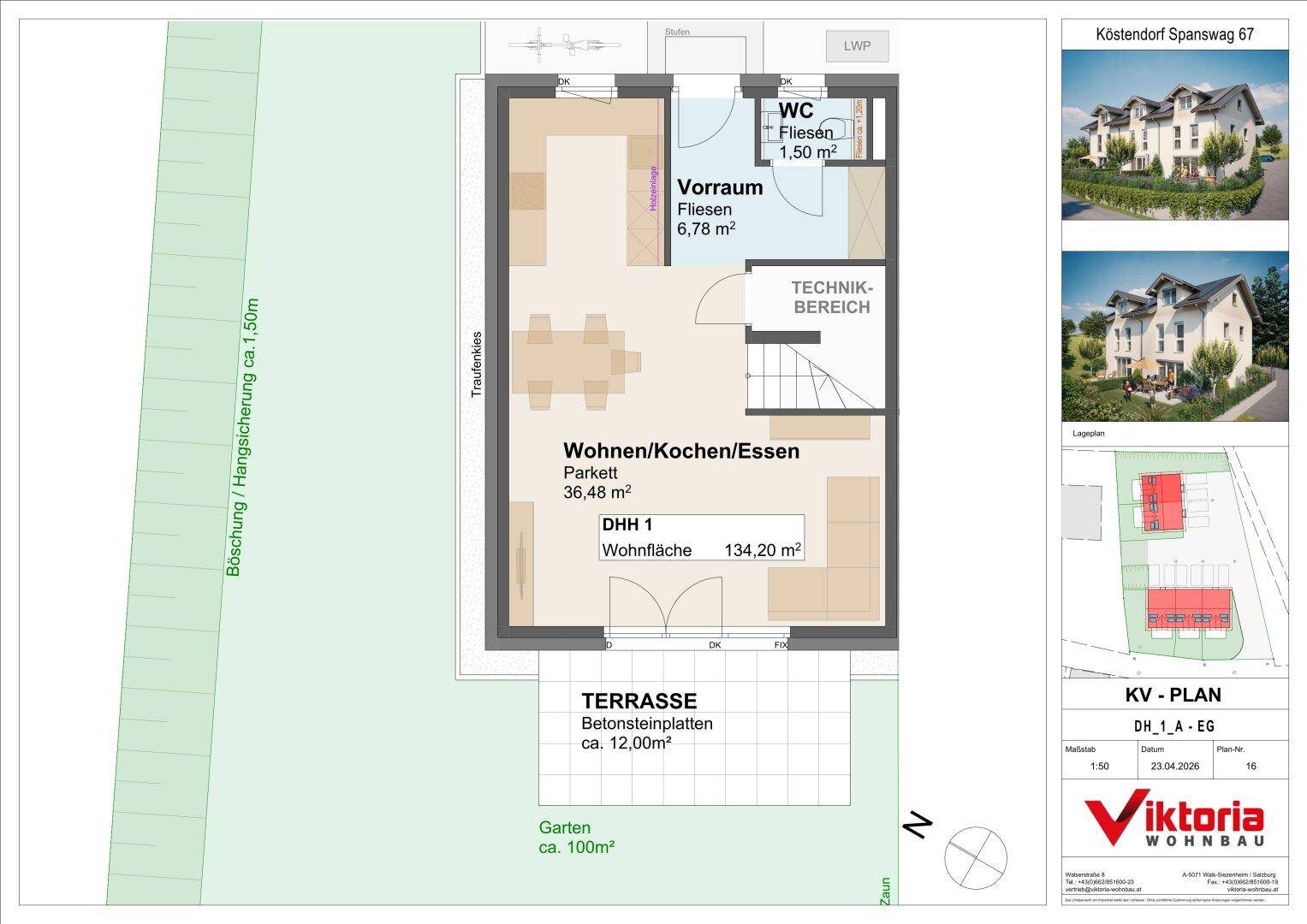 Grundriss des Erdgeschosses mit offenem Wohn-/Koch-/Essbereich, Gäste-WC, Technikraum, Terrasse und Garten.
