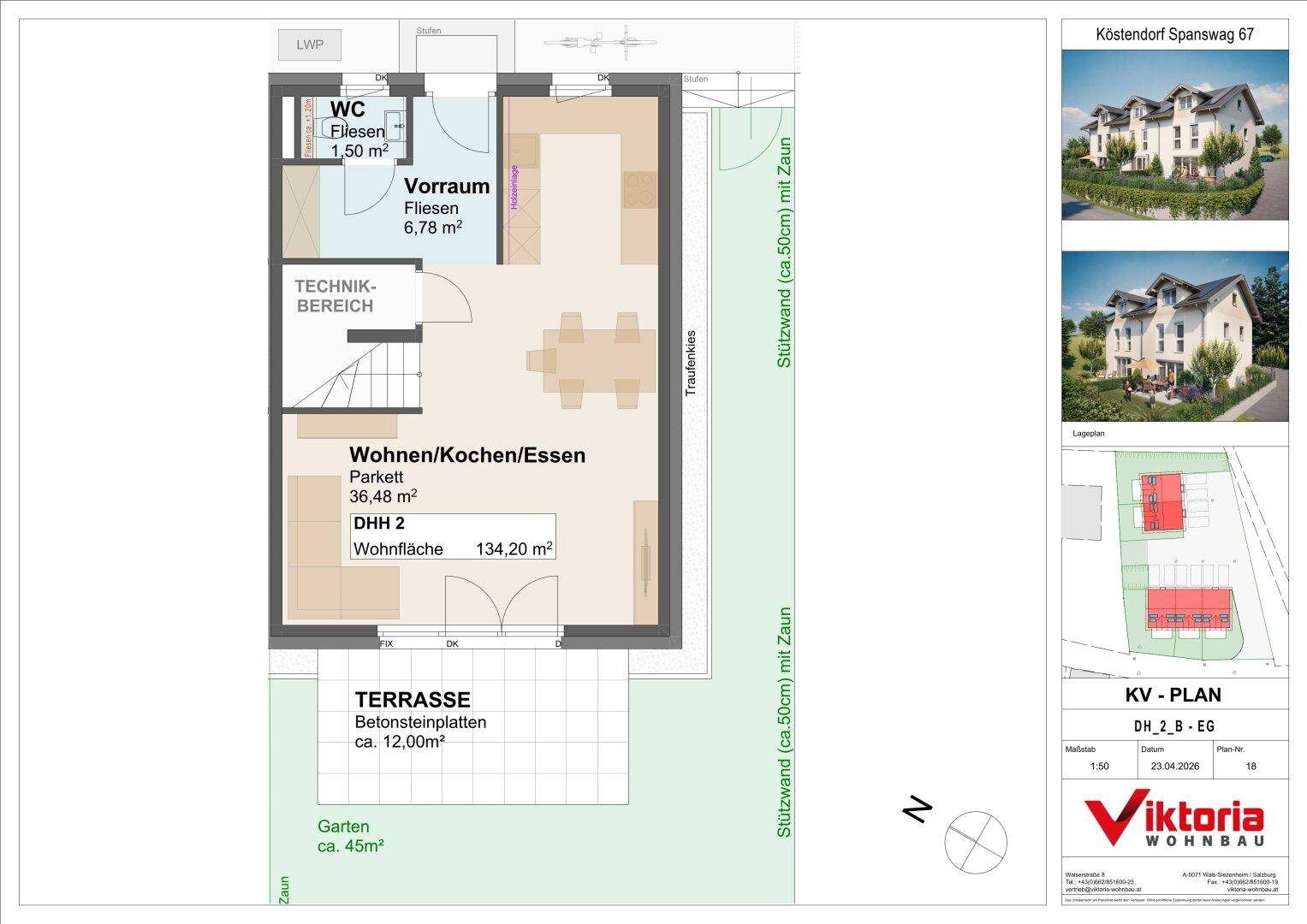 Grundriss des Erdgeschosses eines Doppelhauses mit offenem Wohnbereich, Terrasse und Garten.