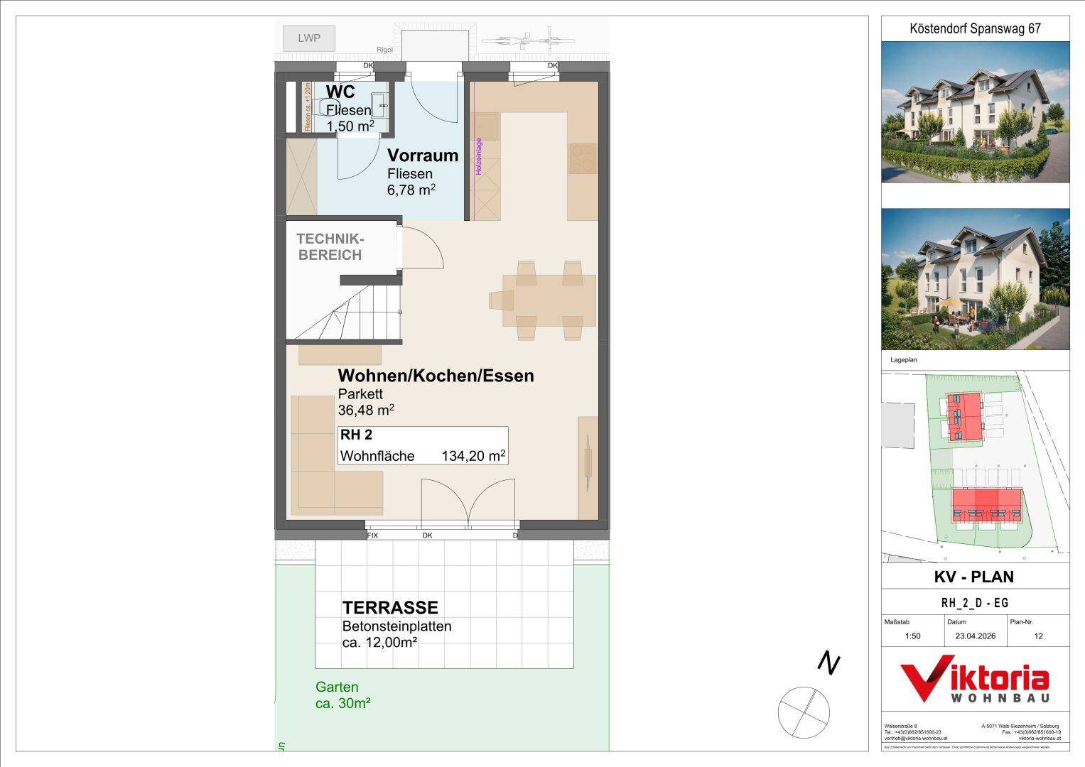 Grundriss des Erdgeschosses mit offenem Wohn-/Koch-/Essbereich, separatem WC, Technikbereich, Terrasse und Garten.