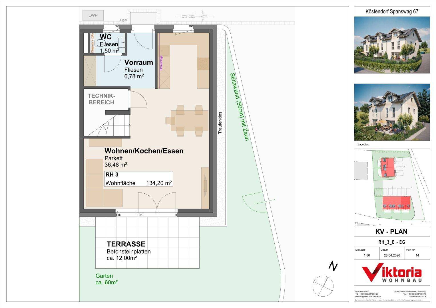 Grundriss des Erdgeschosses mit offenem Wohn-/Koch-/Essbereich, WC, Technikbereich, Terrasse und Garten.
