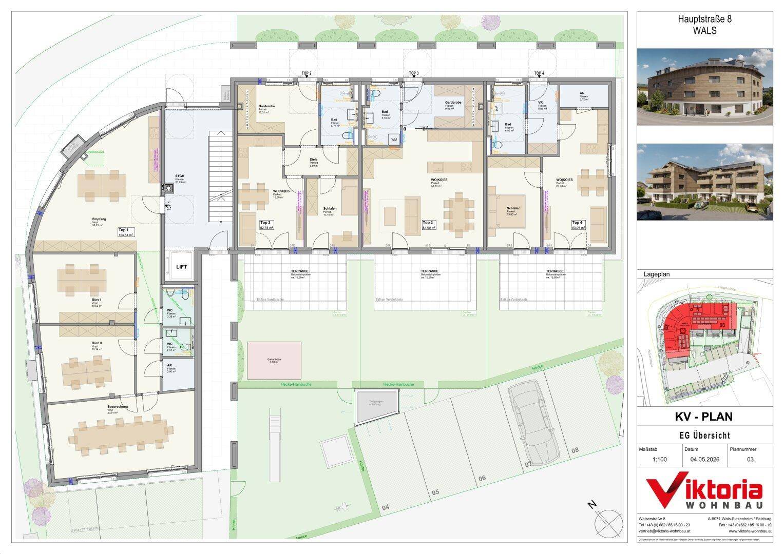 Grundriss der Erdgeschossebene mit Wohnungen, Terrassen und Gartenbereichen.