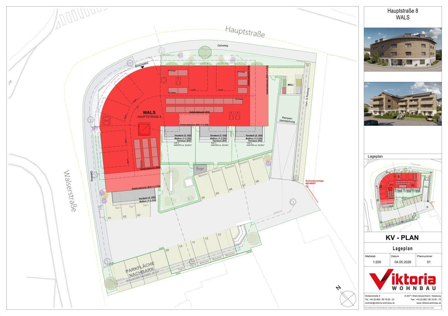 Lageplan des Gebäudes an der Hauptstraße 8 in Wals mit umliegenden Straßen, Parkflächen und Gebäudegrundriss.
