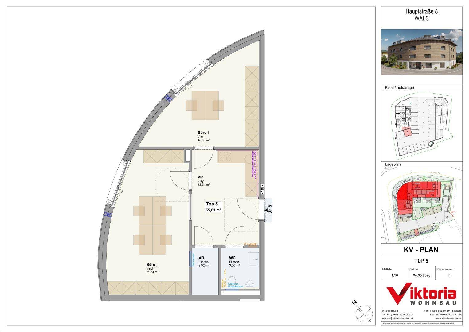 Grundriss von Top 5 mit zwei Büroräumen, WC und Abstellraum, inklusive Lageplan und Tiefgaragenübersicht.