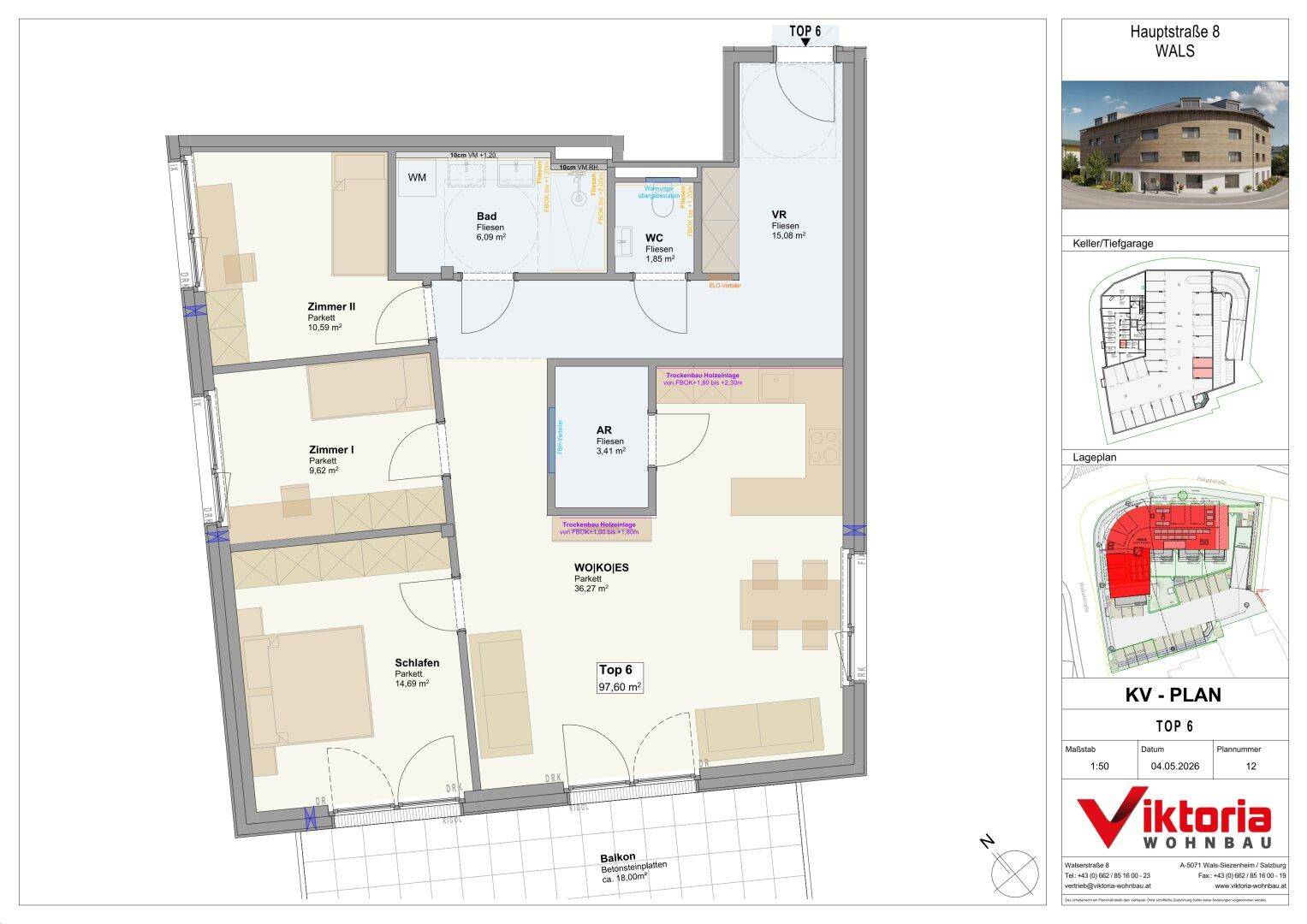 Grundriss einer Wohnung mit drei Schlafzimmern, offenem Wohnbereich und Balkon.