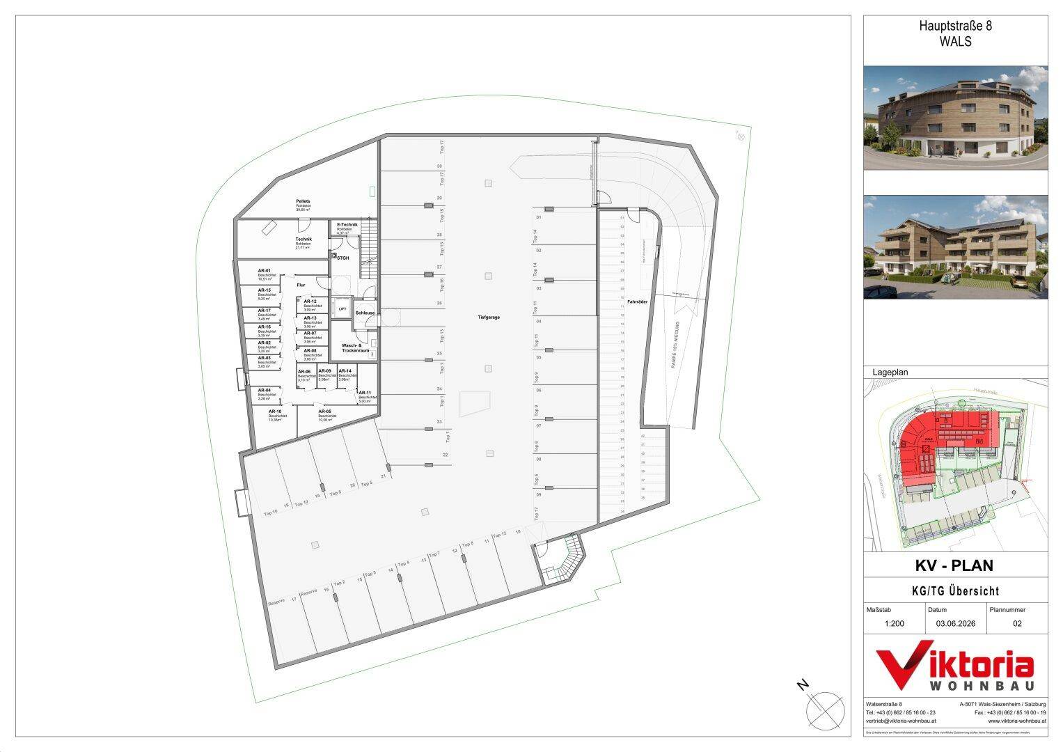 Grundrissplan der Tiefgarage und Kellerräume eines Neubaus mit modernen architektonischen Merkmalen.