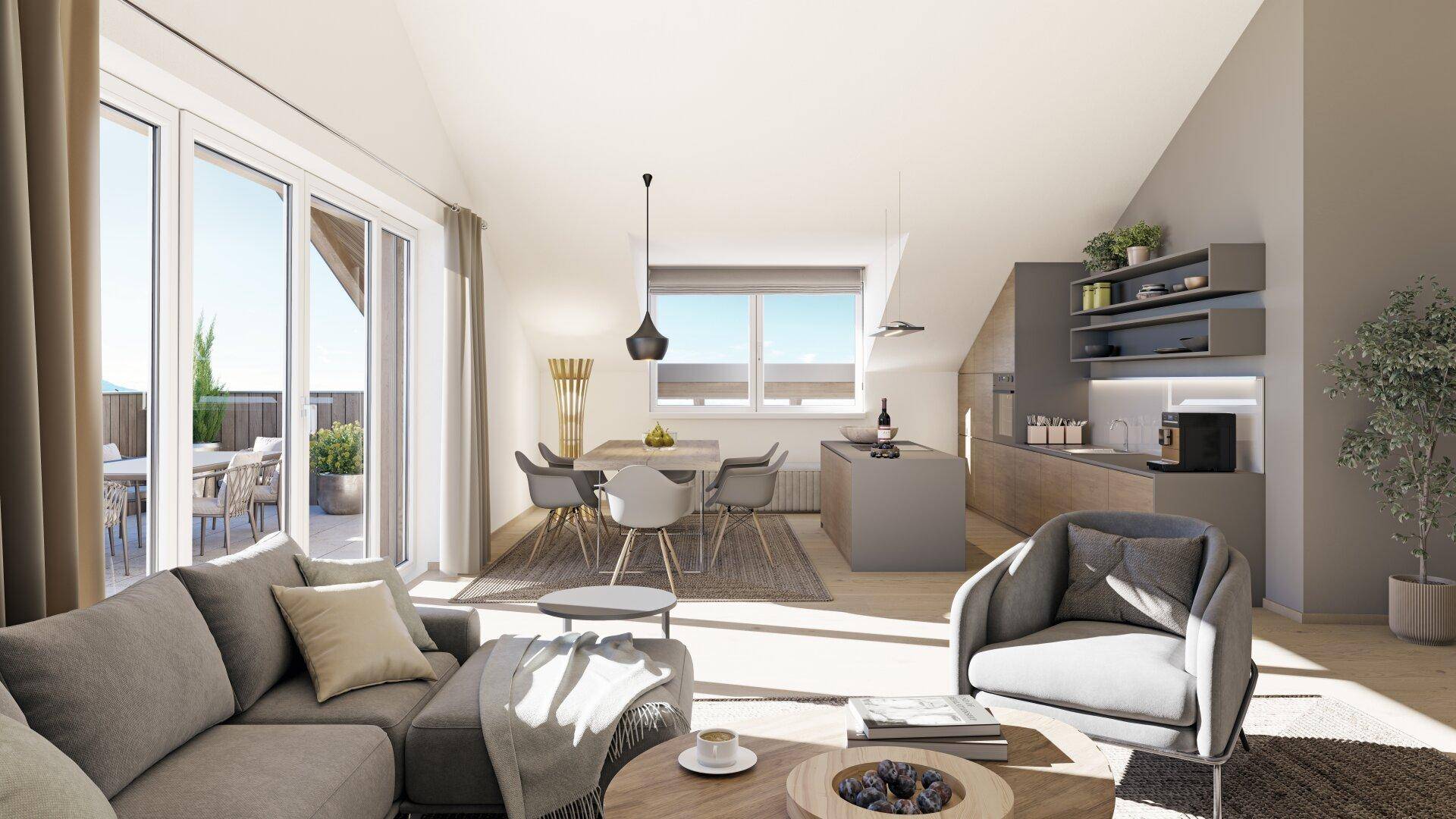 Heller, offener Wohn-Essbereich mit moderner Küche, Holzboden und Zugang zu einer sonnigen Dachterrasse.