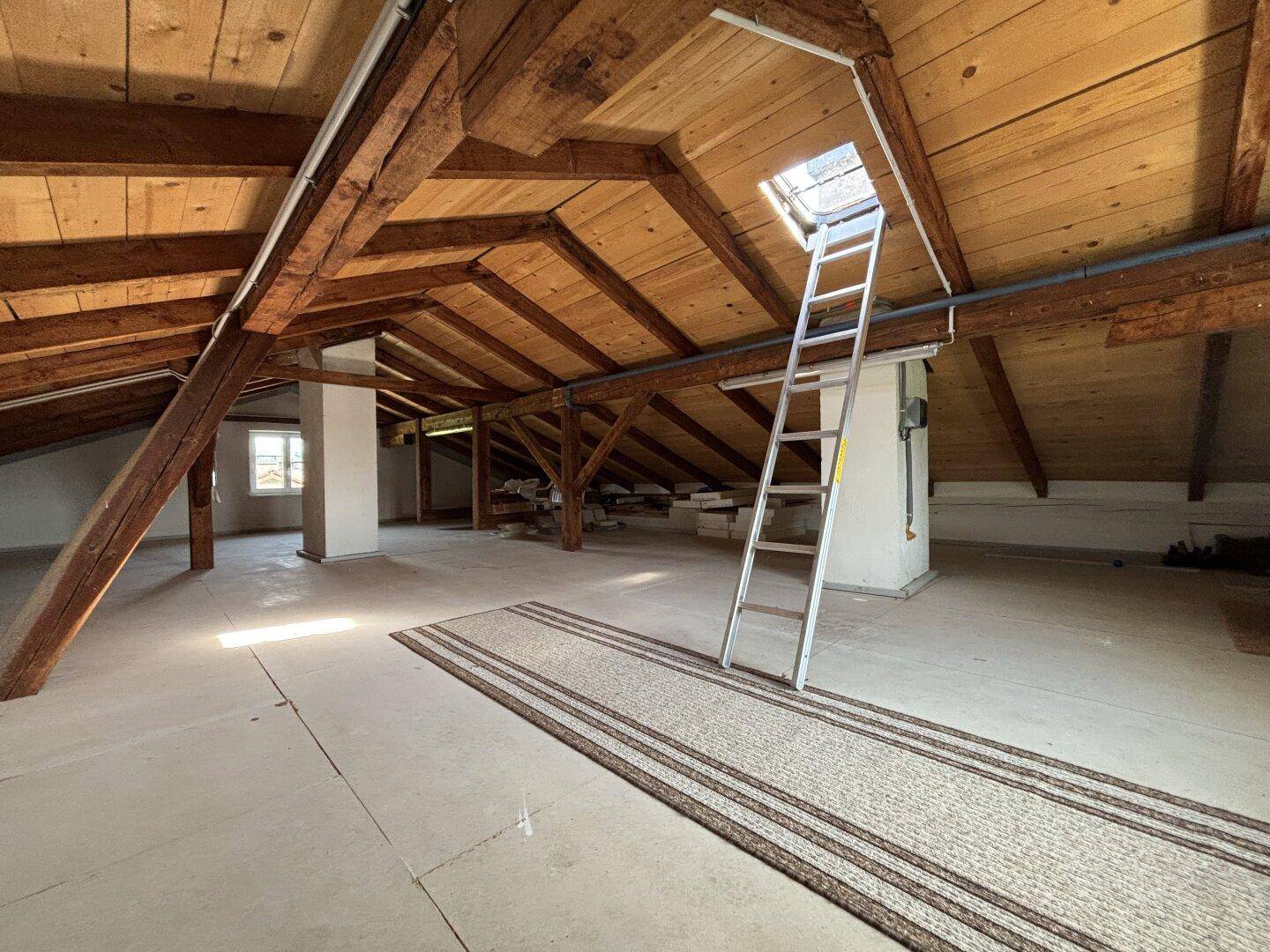Ausbaufähiger Dachboden mit sichtbaren Holzbalken und Dachfenster, bietet viel Potenzial.