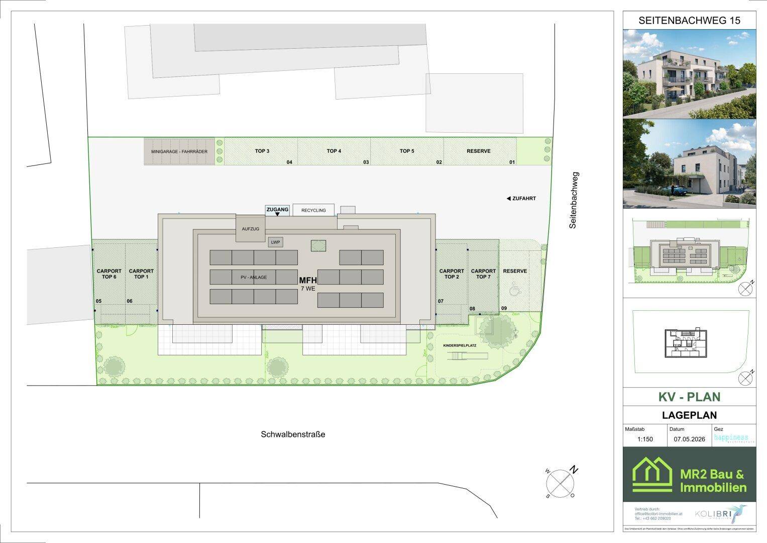 Lageplan der Wohnanlage mit Gebäudestruktur, Carports, Parkplätzen und Grünflächen.