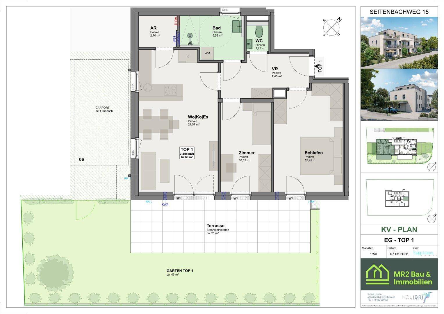 Grundriss der Erdgeschosswohnung Top 1 mit Terrasse und Gartenanteil.