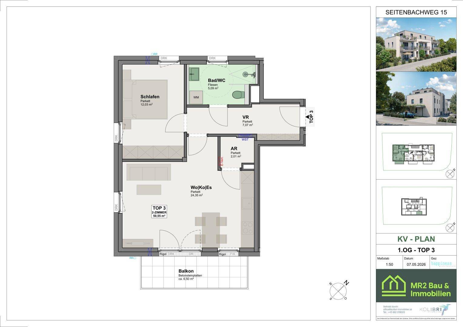Grundriss einer Wohnung im ersten Obergeschoss mit offenem Wohnbereich, Schlafzimmer und Balkon.