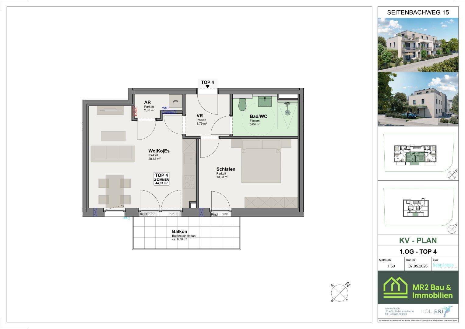 Grundriss der Wohnung TOP 4 im ersten Obergeschoss mit Balkon.