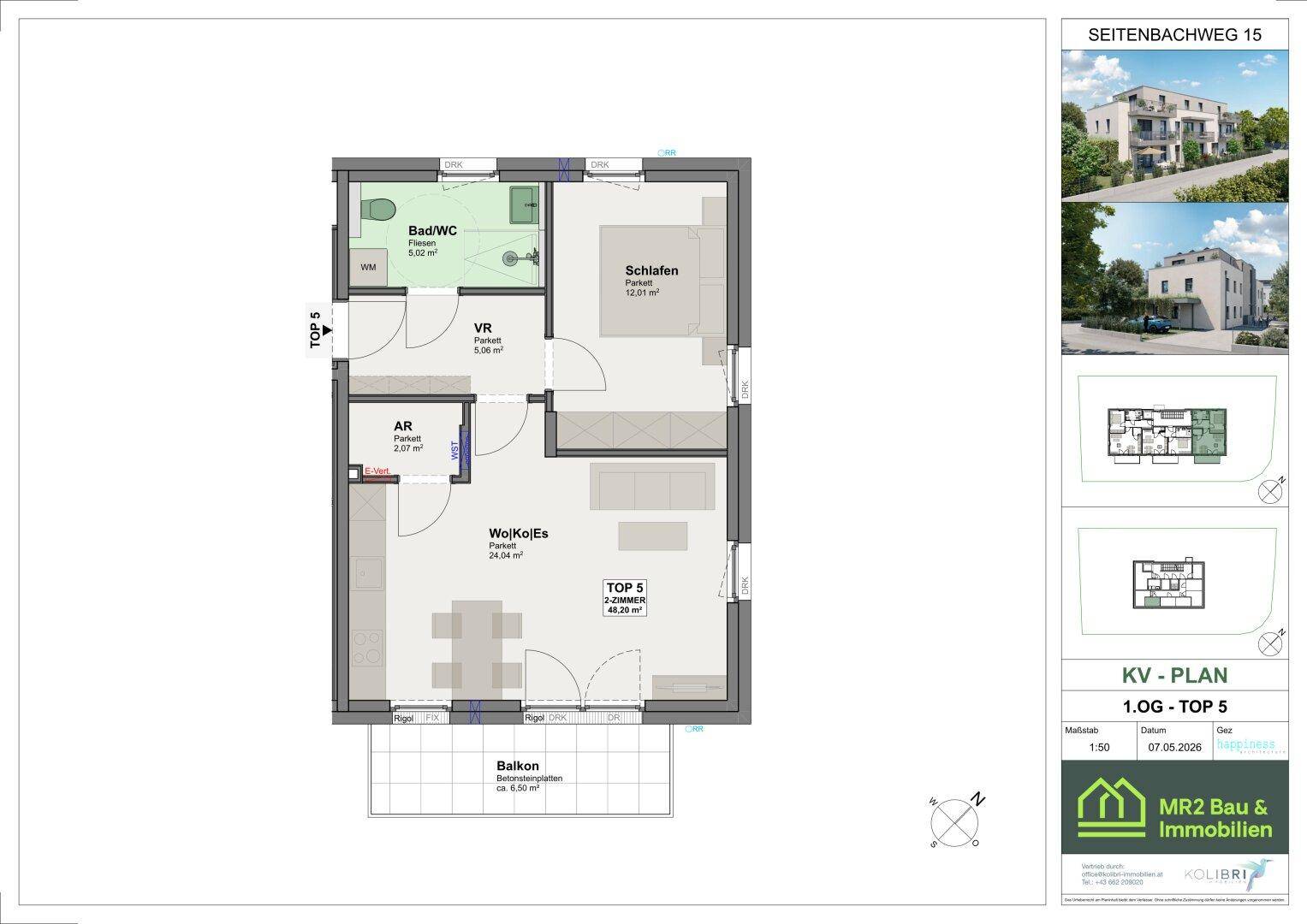 Grundriss einer 2-Zimmer-Wohnung mit offenem Wohnbereich, Schlafzimmer und Balkon.