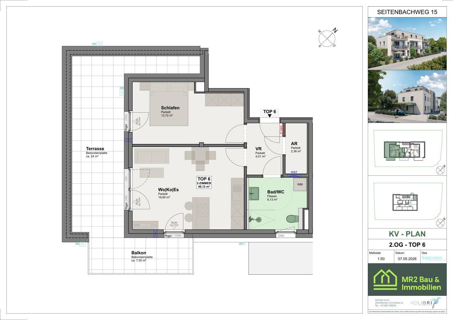 Grundriss der Wohnung TOP 6 mit Schlafzimmer, offenem Wohnbereich, Terrasse und Balkon.