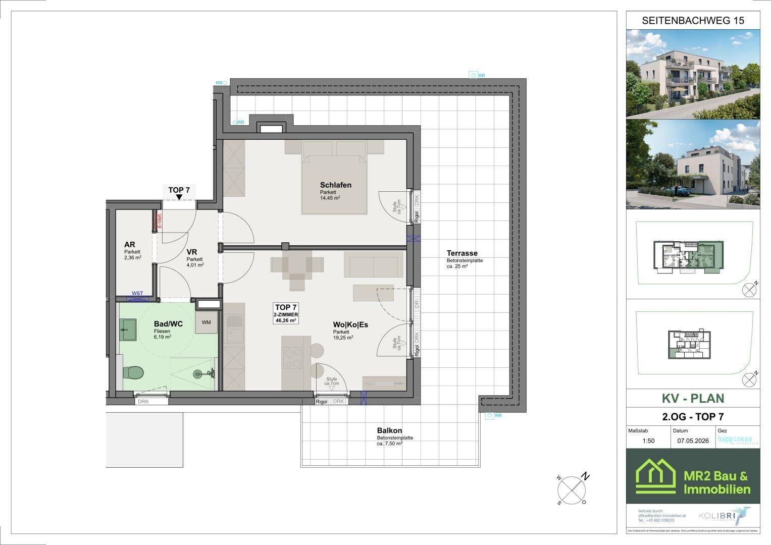 Grundriss einer Wohnung im 2. Obergeschoss mit Schlafzimmer, Wohnküche, Bad und großer Terrasse.