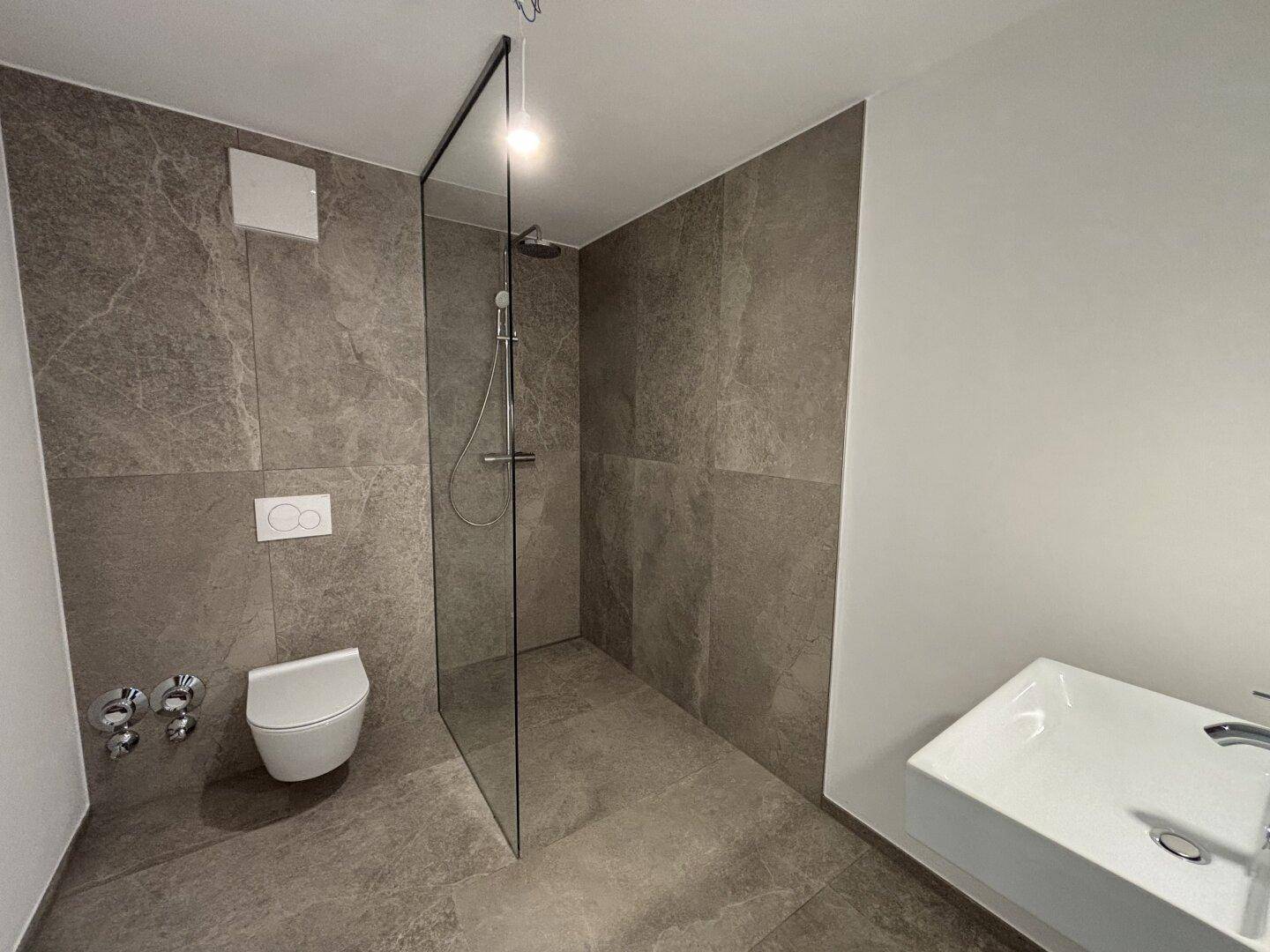 Modernes Badezimmer mit grauen Fliesen, einer begehbaren Dusche und einem wandhängenden WC.