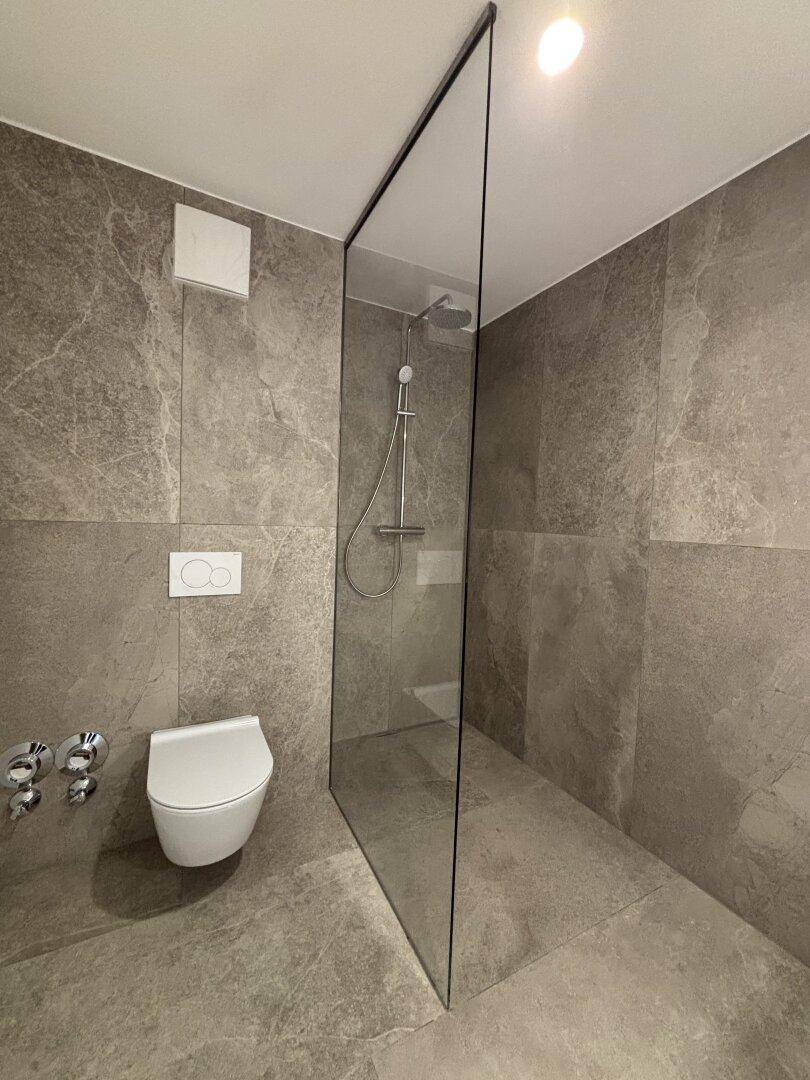 Detailansicht des modernen Badezimmers mit begehbarer Dusche und elegantem wandhängendem WC.