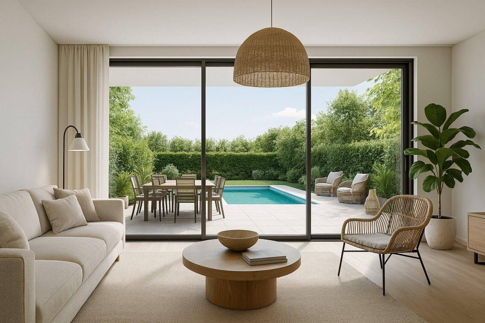 Helles Wohnzimmer mit moderner Einrichtung, großen Schiebetüren und direktem Zugang zum Poolbereich mit Garten.