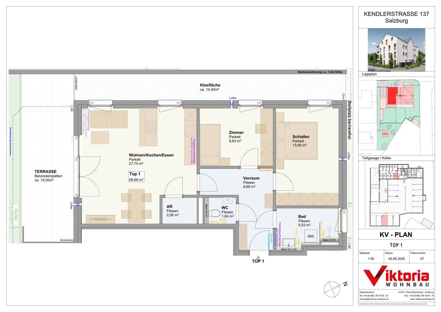 Detaillierter Grundriss der Wohneinheit TOP 1 mit offenem Wohnbereich, Schlafzimmer und Terrasse.