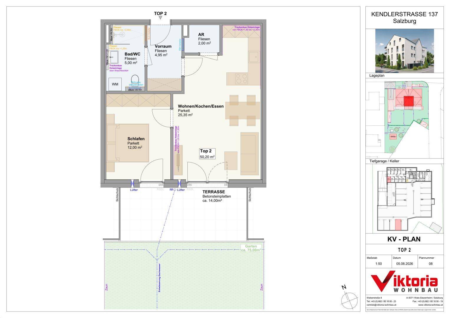 Detaillierter Grundriss der Wohneinheit TOP 2 mit offenem Wohnbereich, Schlafzimmer und Terrasse.
