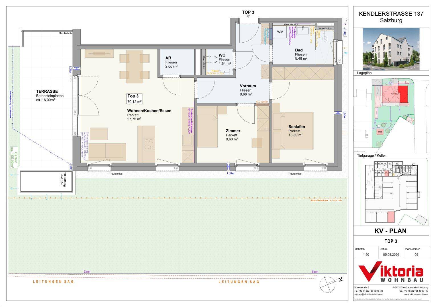 Detaillierter Grundriss der Wohneinheit TOP 3 mit offenem Wohnbereich, Schlafzimmer und Terrasse.