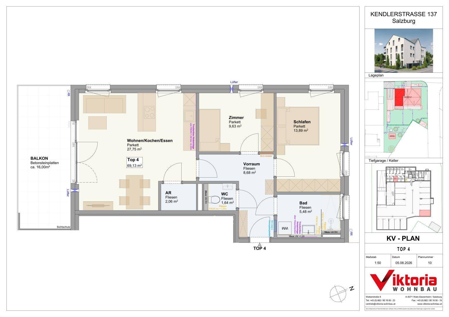 Detaillierter Grundriss der Wohneinheit TOP 4 mit offenem Wohnbereich, Schlafzimmer und Balkon.