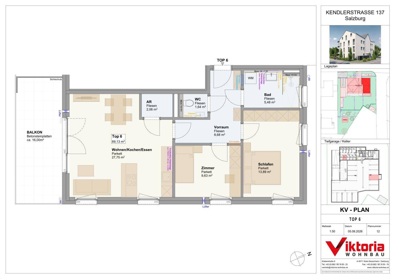 Detaillierter Grundriss der Wohneinheit TOP 6 mit offenem Wohnbereich, Schlafzimmer und Balkon.