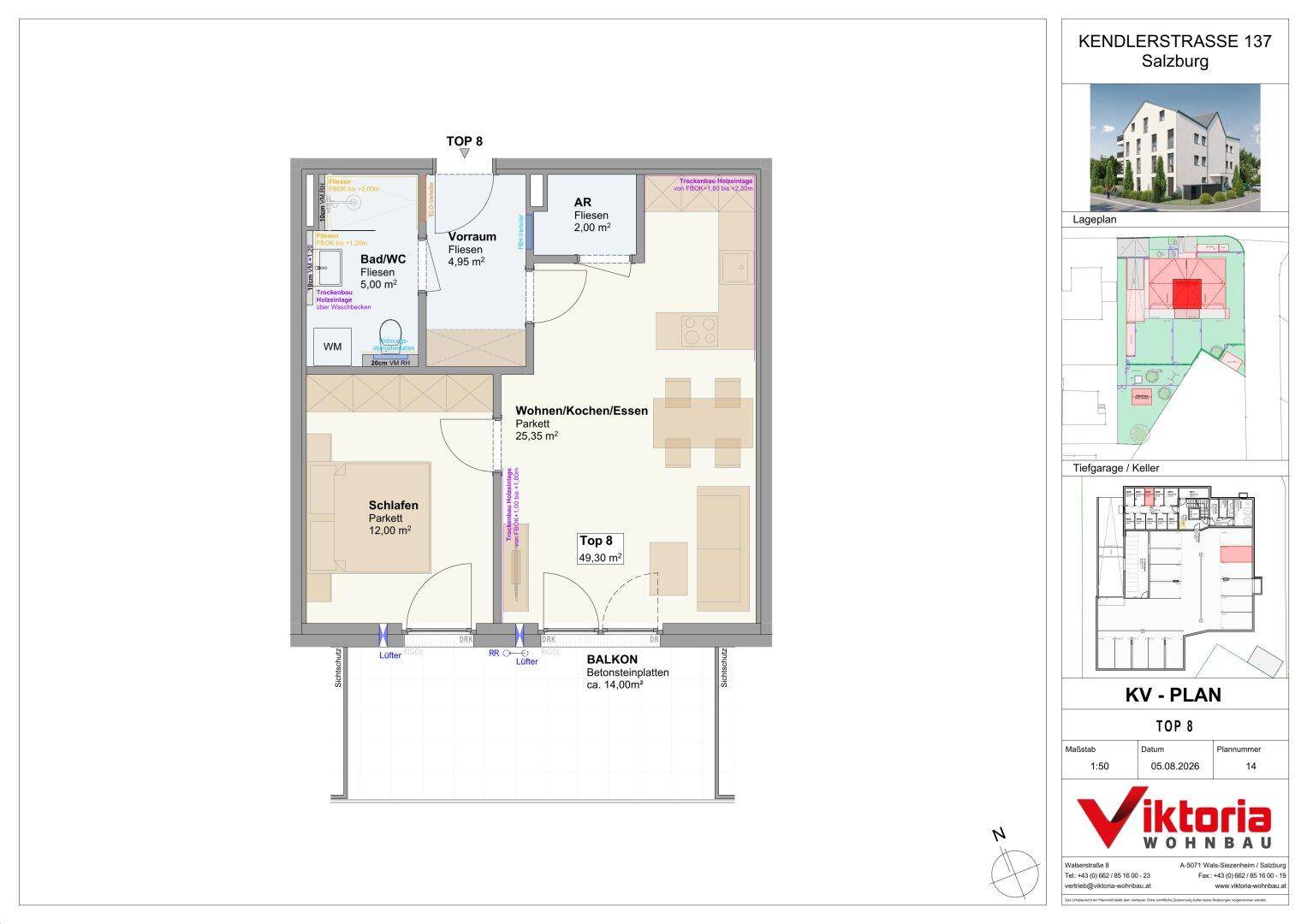 Detaillierter Grundriss der Wohneinheit TOP 8 mit offenem Wohnbereich, Schlafzimmer und Balkon.