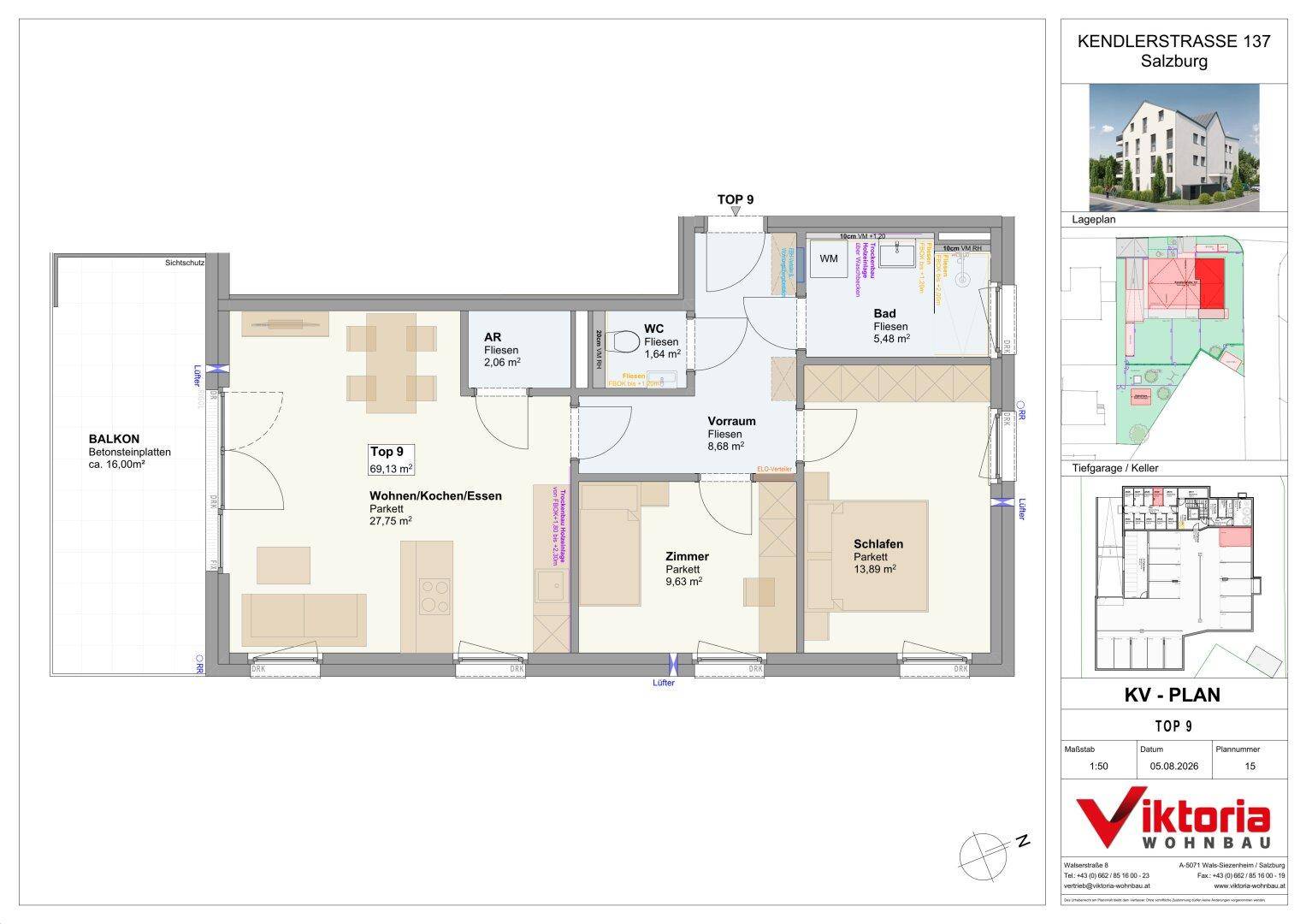 Detaillierter Grundriss der Wohneinheit TOP 9 mit offenem Wohnbereich, Schlafzimmer und Balkon.