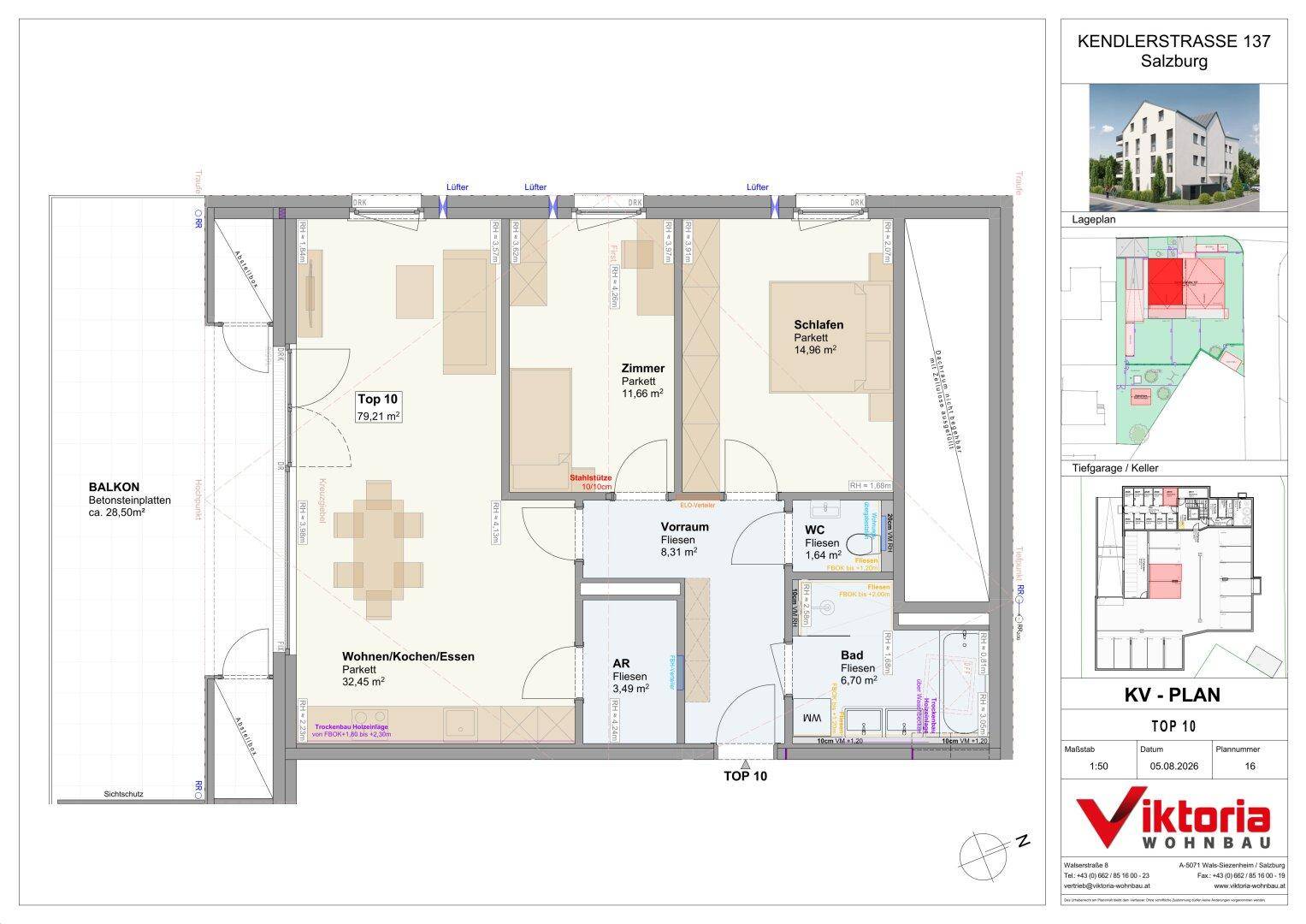 Detaillierter Grundriss der Wohneinheit TOP 10 mit offenem Wohnbereich, Schlafzimmer und großem Balkon.