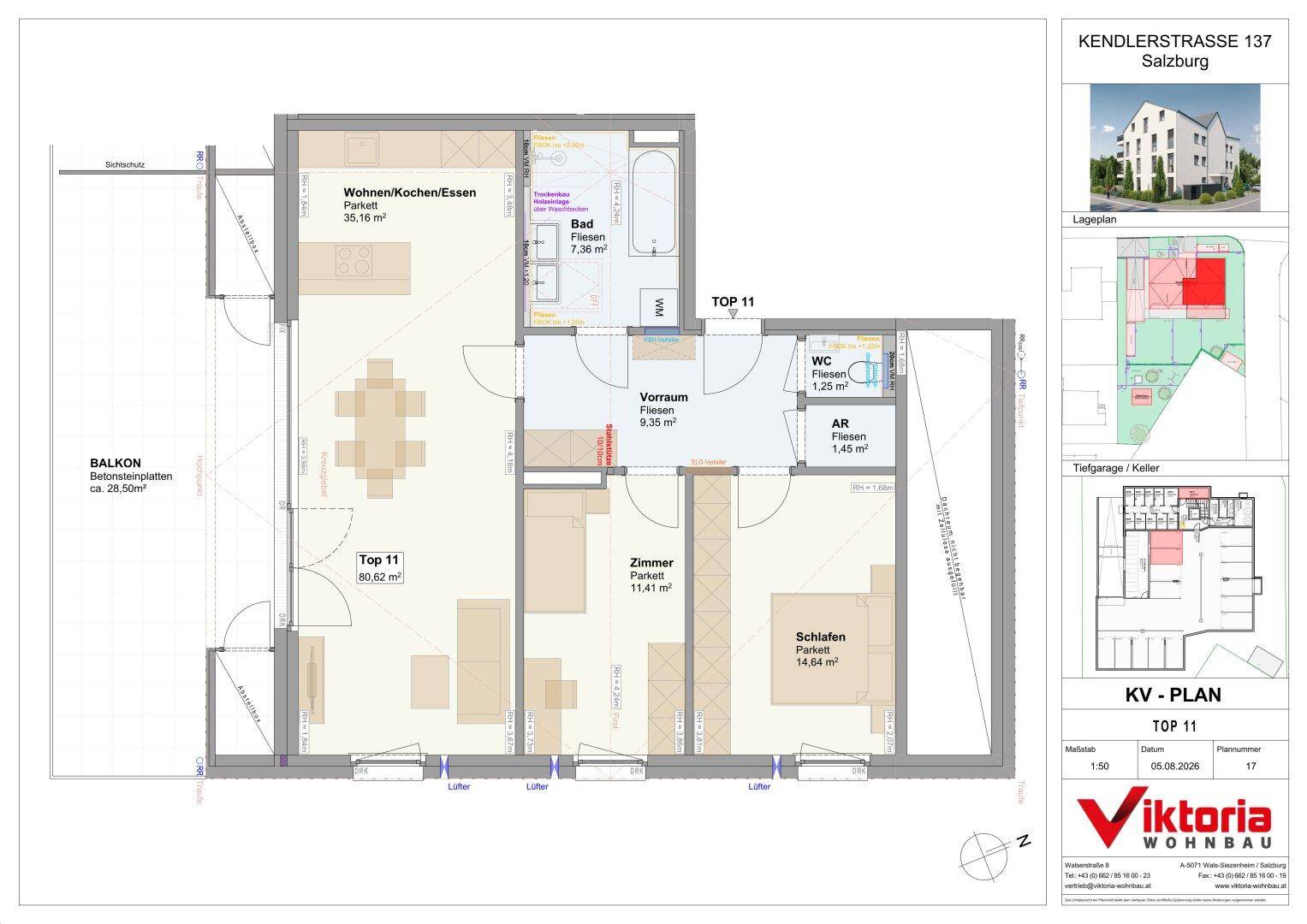 Detaillierter Grundriss der Wohneinheit TOP 11 mit offenem Wohnbereich, Schlafzimmer und großem Balkon.