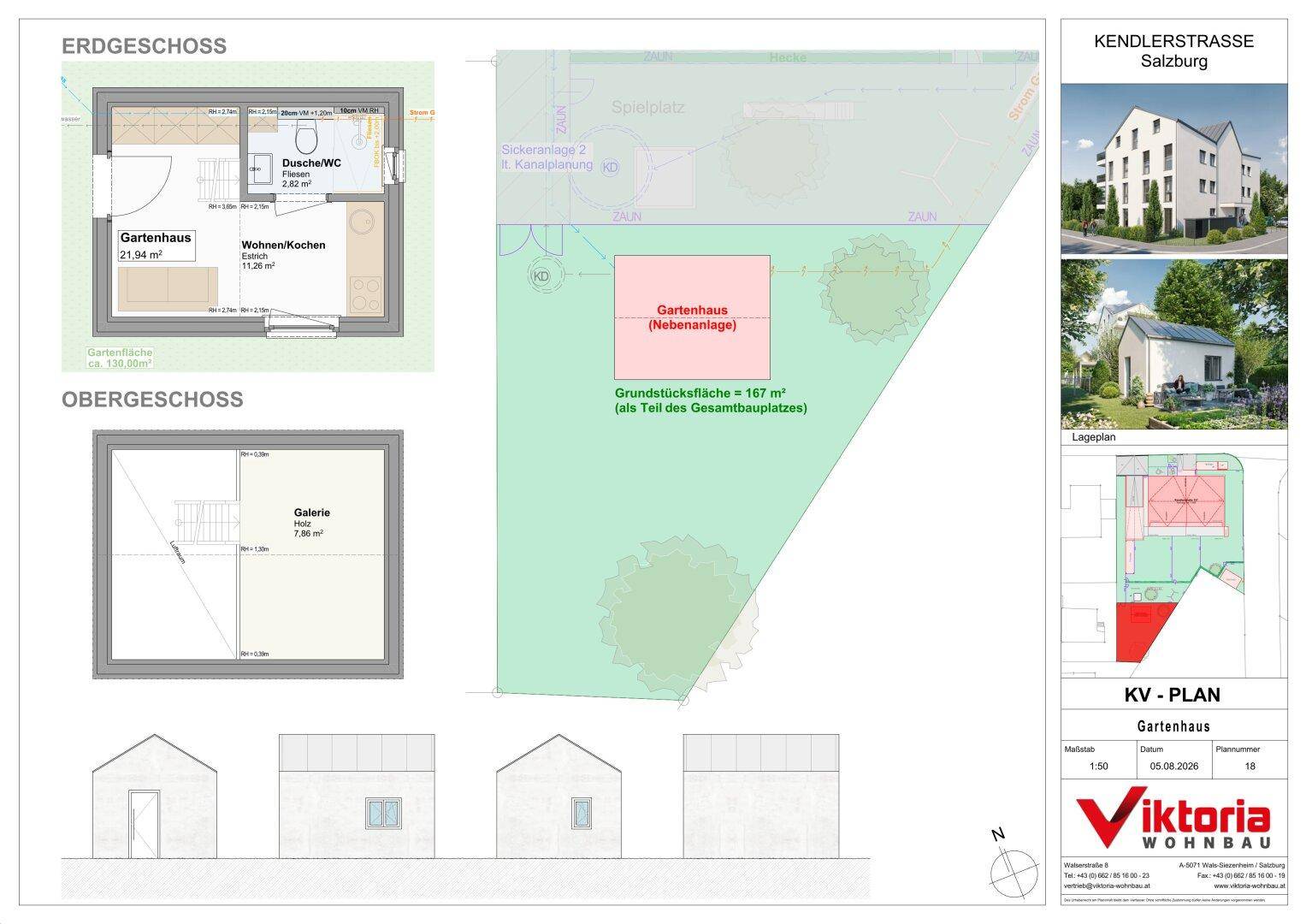 Grundriss des Gartenhauses mit Erdgeschoss, Obergeschoss, Wohnküche, Bad und Galerie.