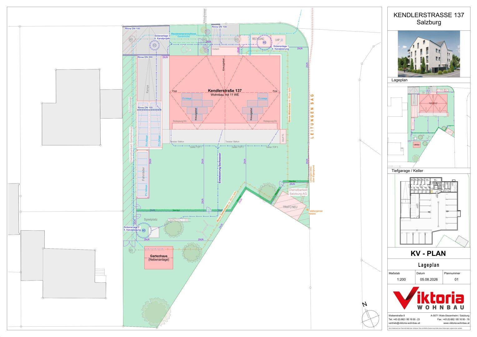 Lageplan des Grundstücks mit Gebäudegrundriss und umliegender Bebauung in Salzburg.