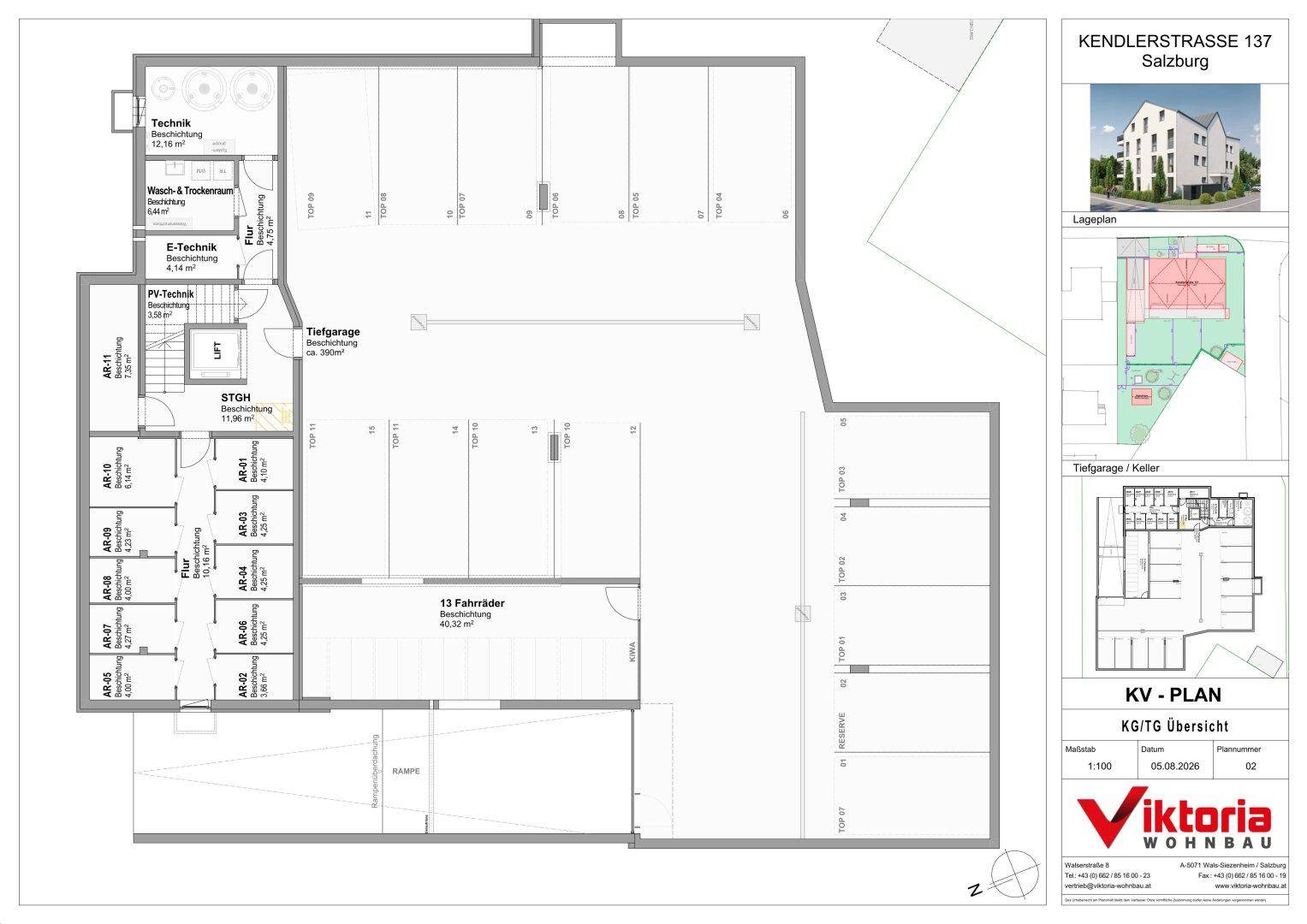 Grundriss der Tiefgarage und des Kellers mit Fahrradraum, Technik- und Abstellräumen.