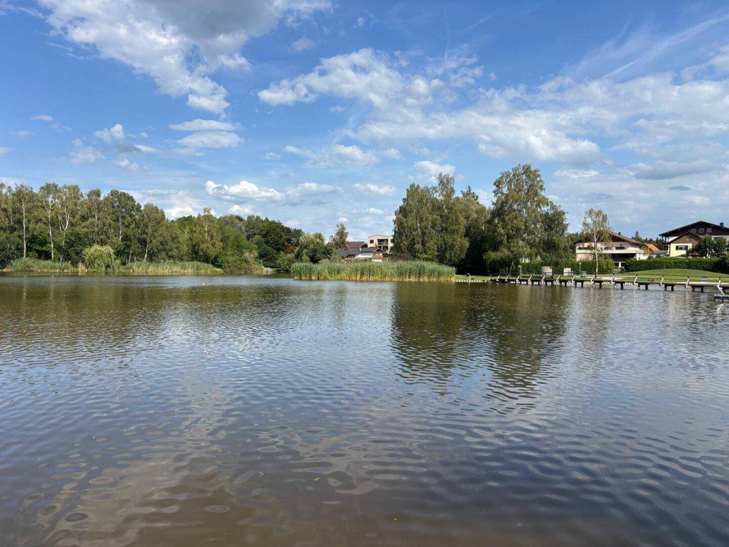Malerischer See mit bewaldetem Ufer und Häusern im Hintergrund unter einem bewölkten Himmel.