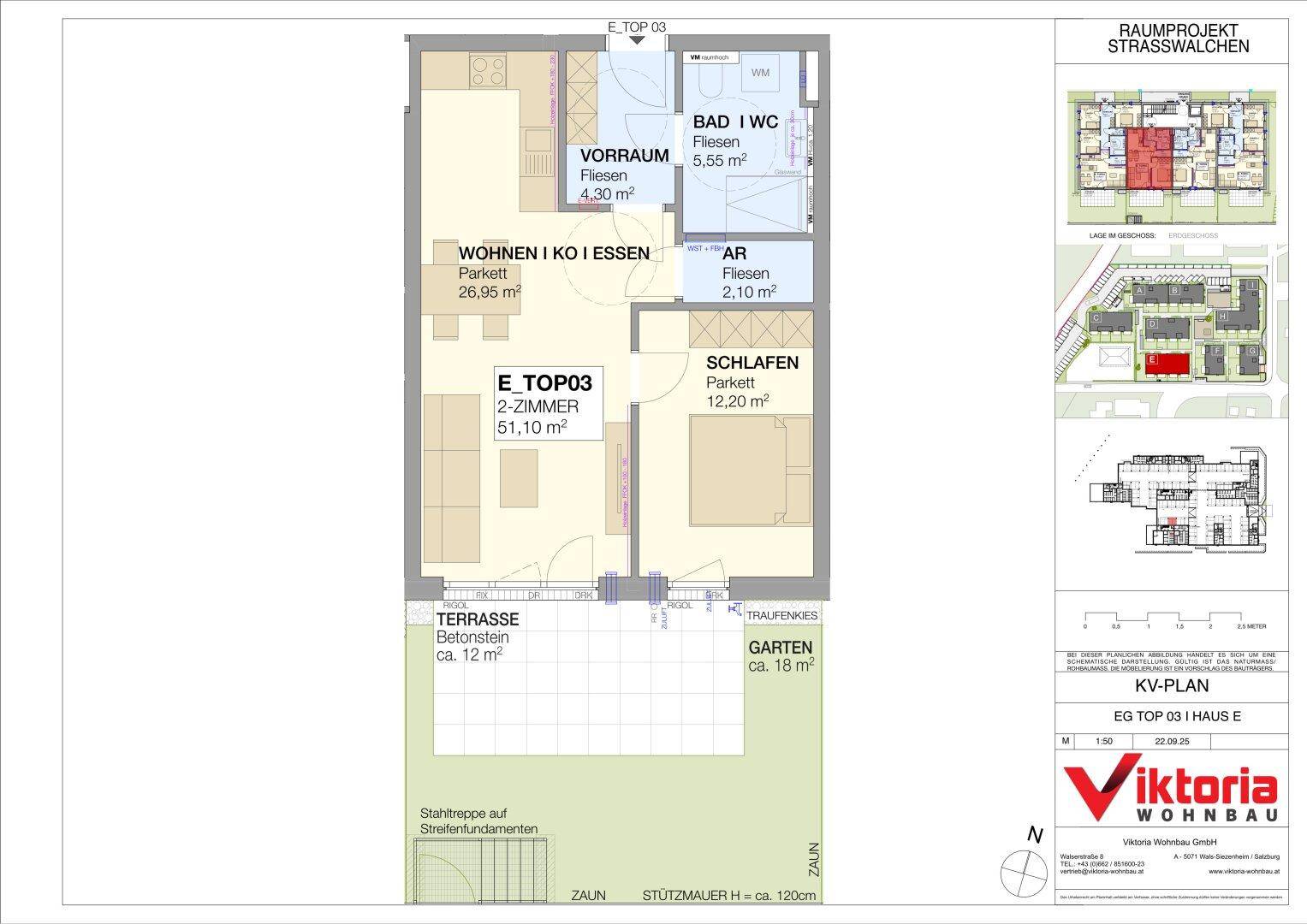 Grundriss der Wohnung E.TOP 03 mit offenem Wohnbereich, Terrasse und Garten.