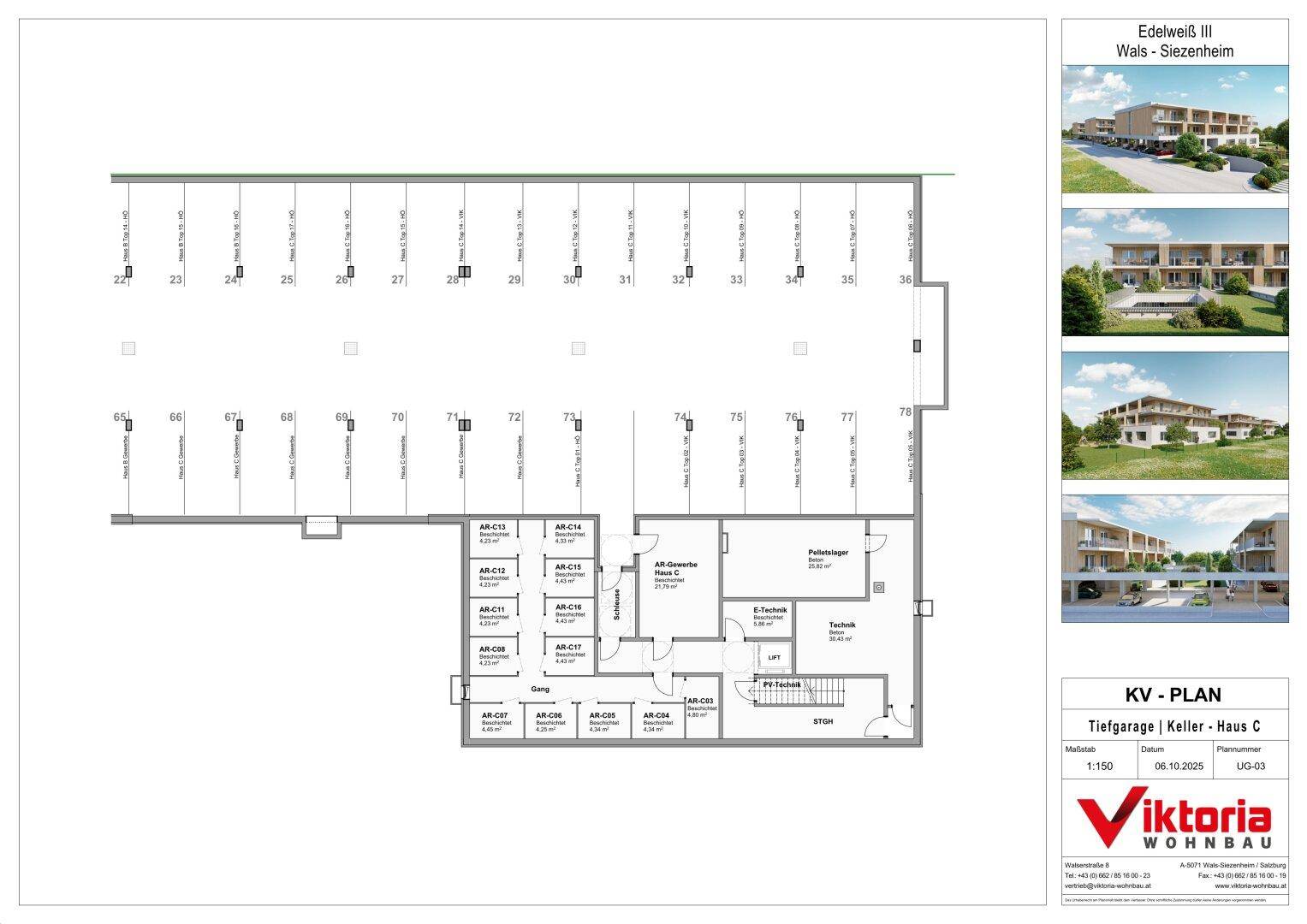 Grundriss der Tiefgarage und Kellerräume mit zahlreichen Stellplätzen und Abstellbereichen.