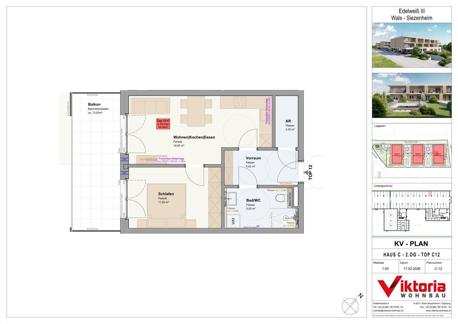 Grundriss einer Wohnung mit offenem Wohn-/Koch-/Essbereich, Schlafzimmer, Bad und Balkon.