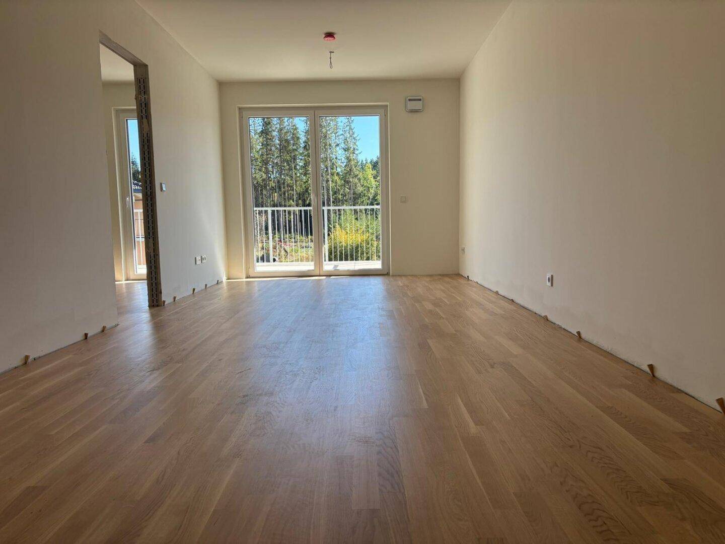 Helles Wohnzimmer im Rohbau mit neuem Parkettboden und Zugang zu einem französischen Balkon.