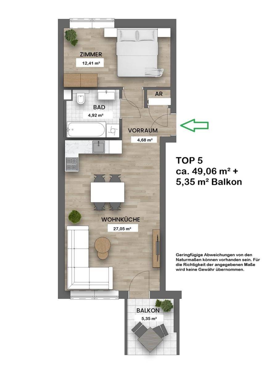 Grundriss der Wohnung Top 5 mit Schlafzimmer, Wohnküche, Bad und Balkon.