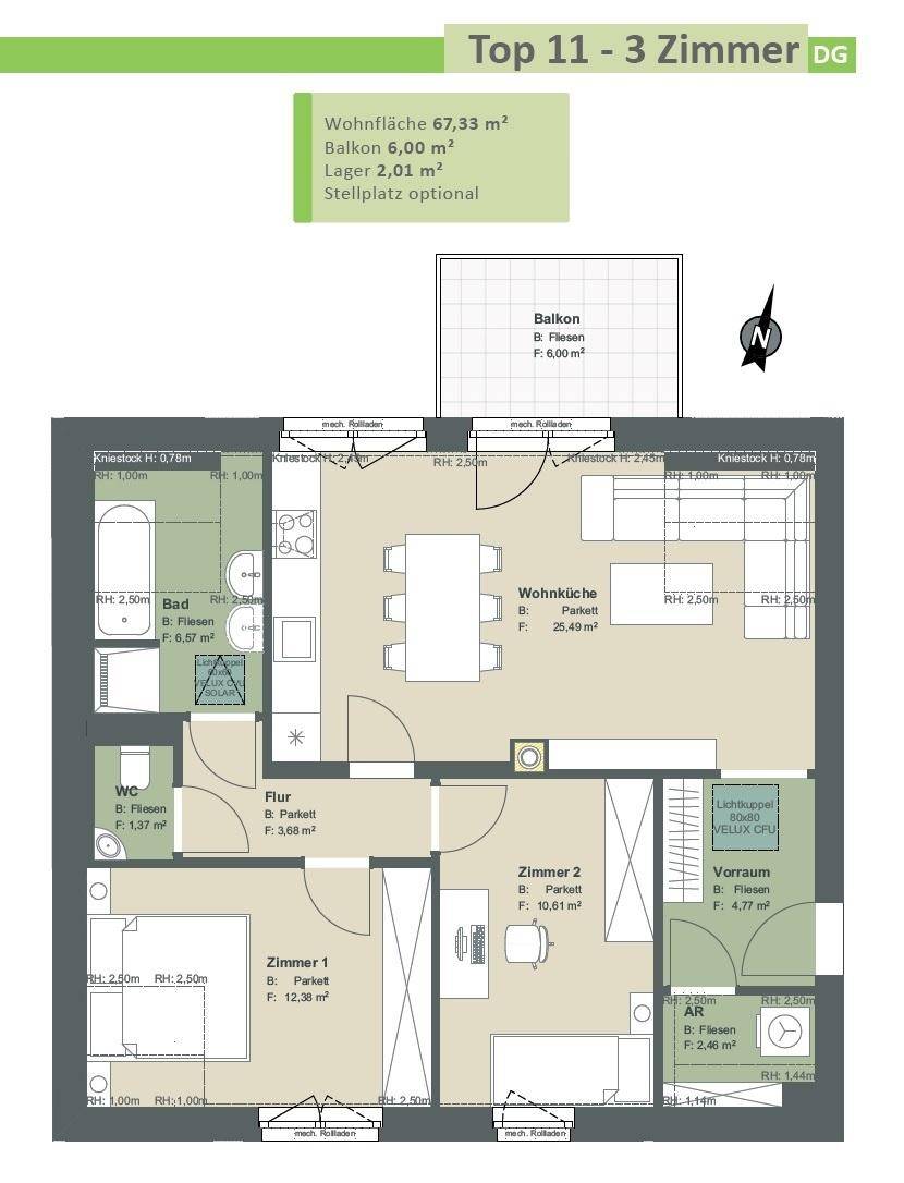 Grundrissplan einer 3-Zimmer-Dachgeschosswohnung mit offener Wohnküche und Balkon.